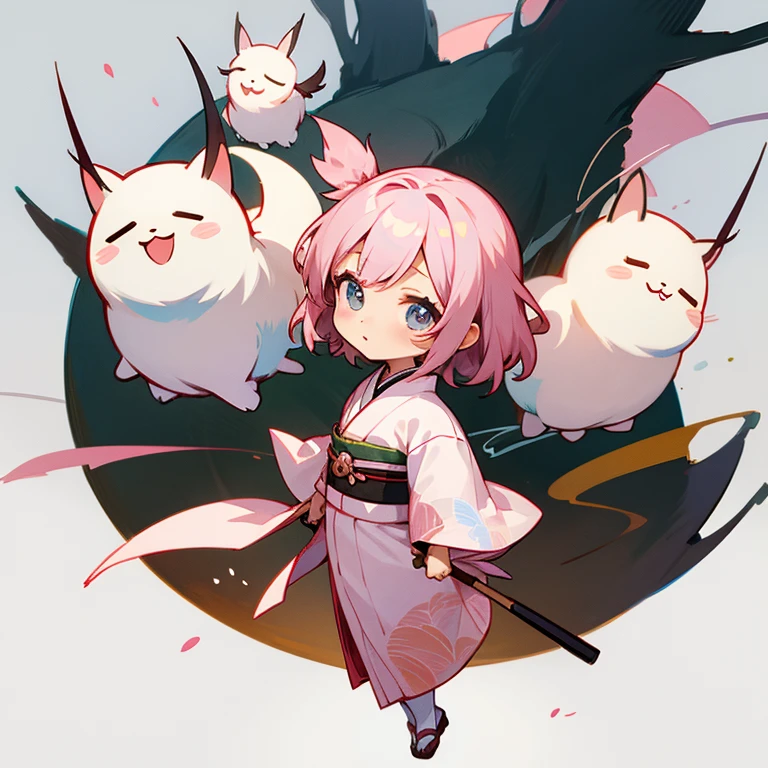 anime、character、Chibi、An illustration、unknown creature、Fluttering、kimono、No background