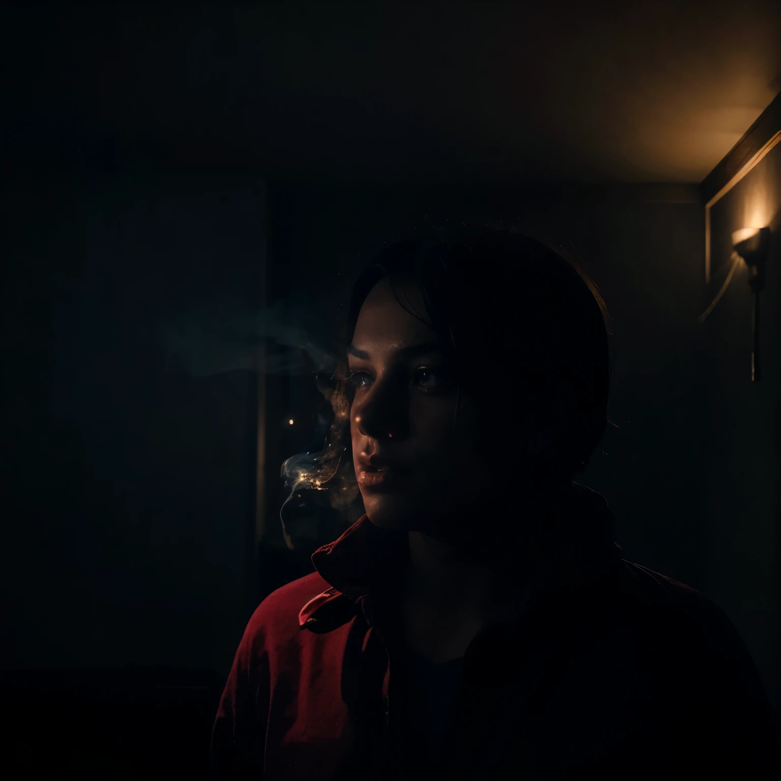 image of dark room with slight blue and red lighting tone with smoke