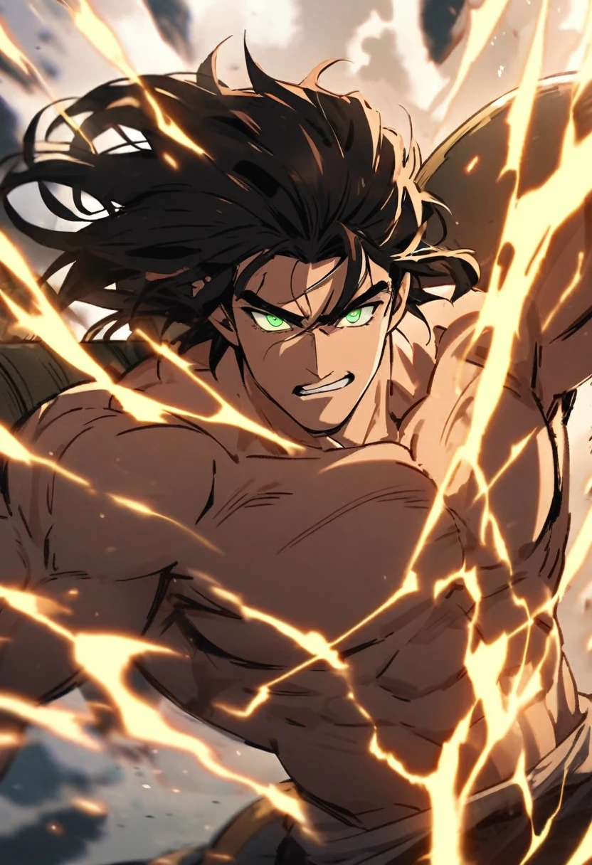 Tarzan holding a big Warhammer, his hair covers both of his eyes and he's glowing in power