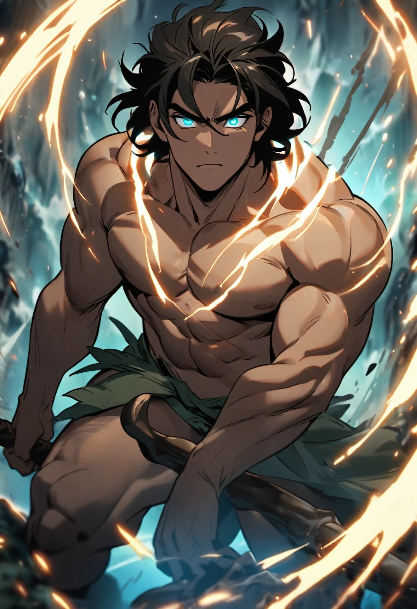 Tarzan holding a big Warhammer, his hair covers both of his eyes and he's glowing in power