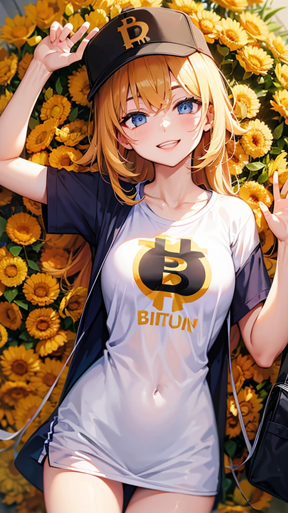 Wear bitcoin logo T-shirt’s, smiling