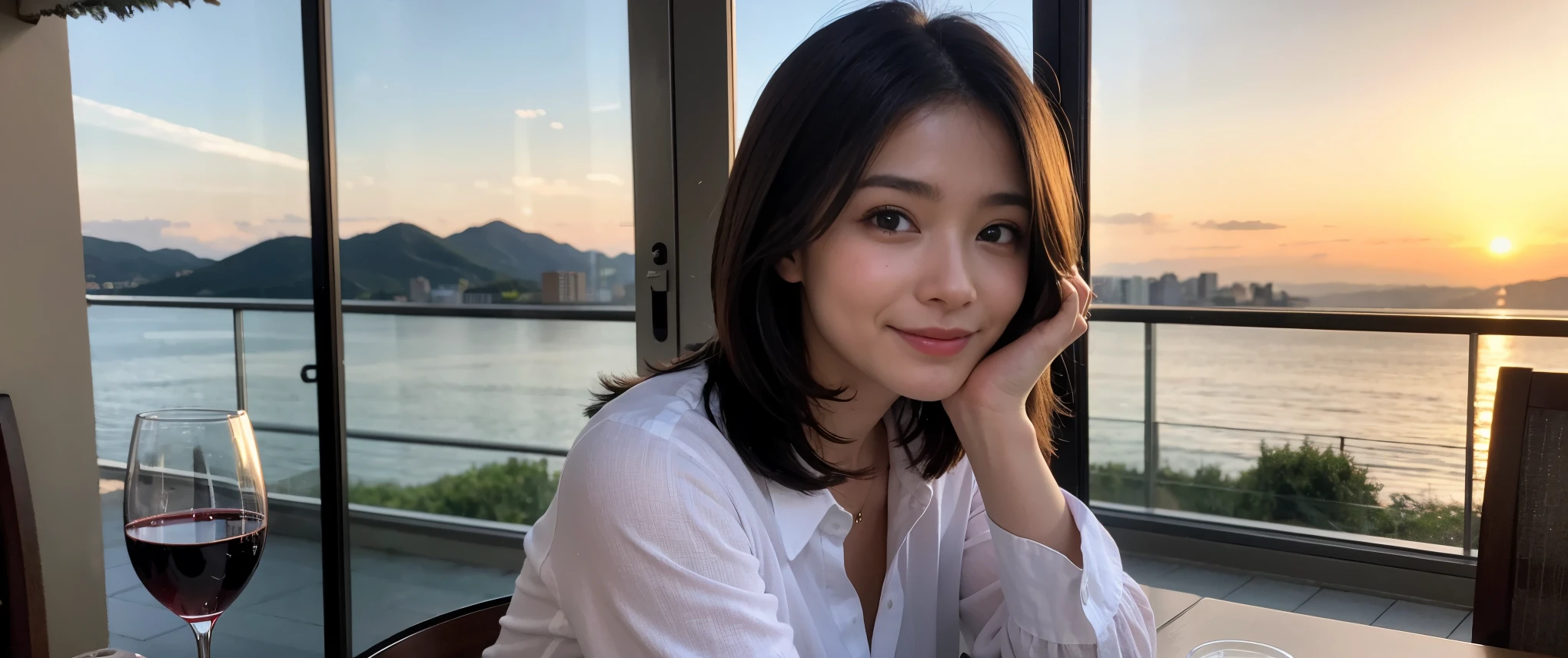 ((highest quality、8k、masterpiece:1.3))、Sharp focus:1.2、Beautiful woman perfect body:1.4、slimなボディ、((Bob Hale、Straight hair:1.2))、(to be born, highest quality, masterpiece:1.5), (Realistic, Intricate details:1.2), Ultra-high resolution, Please shine a light on my face、Amazing view of the sunset sky and clouds、Amazing mountain views、ニコニコ明るいsmile、wine glass、red wine 、Appetizers、Italian food、Wine bottle、Champagne、sparkling wine、, Beautiful Face, blue eyes, The light shines on your face, Blushing, short hair,Bright Face、Fox face、 (36 years old), 39 years old, Lady、Two beauties、Brown Hair、Shortcuts、Long sleeve shirt、dress、Pretty Woman 1, (slimな顔), (The body is slim), (Brown Hair), (Shortcuts), cheeks turn a little red,Attractive beauty、, Out of the window, A beautiful and detailed night view unfolds.........., restaurant, In a prominent place (From the waist up) Nova Frog Style, actress, model, Upper Body, White wine, slim, wine glass, 真ん中に置かれたwine glass, smile, (smile: 1.15), Beautiful fine grain, Depth f/2,saturation, High Contrast, Strong light and shadow,Moist Body:1.5、3D texture、Delicate eyes、Brown Hair、The hair is very shiny、
