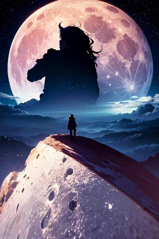 highest quality,Big moon and shadow,A silhouette of a person can be seen against the backdrop of a large moon.,There is one full moon,There is a mood,Beautiful scenery,Starry Sky