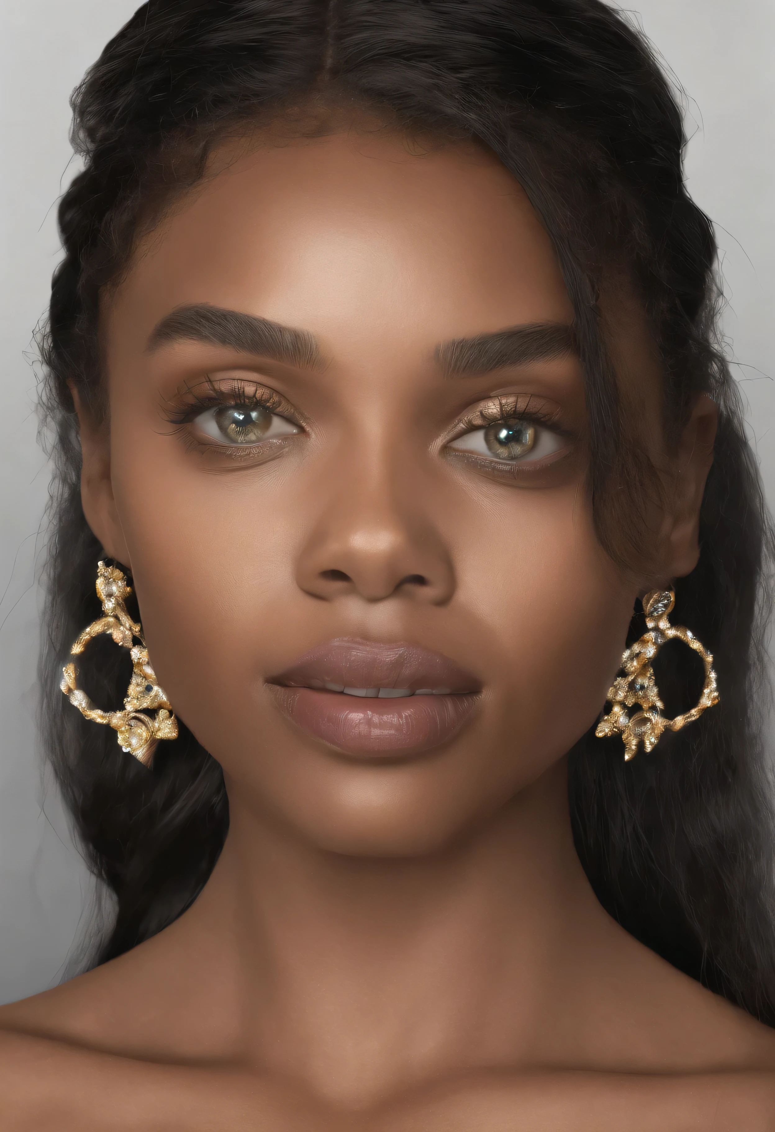 (best quality,4k,8k,highres,masterpiece:1.2),ultra-detailed,(realistic,photorealistic,photo-realistic:1.37),portraits,professional,vivid colors,studio lighting,sharp focus,physically-based rendering,extremely detailed eyes and face
A 21 year old ebony woman with beautiful detailed eyes, freckles, big lips, a wide nose, a strong jawline, and pronounced cheekbones. Her eyes are captivating and mesmerizing, with distinct details that showcase their depth and beauty. Her face is incredibly detailed, highlighting every contour and feature with absolute clarity and precision. Her lips are full and luscious, bringing a sense of allure and sensuality to her appearance. Her wide nose adds uniqueness and character to her face, while her strong jawline and pronounced cheekbones give her a striking and confident presence. The portrait is created with the highest quality standards, ensuring that every aspect of the image is captured in exquisite detail. The colors are vivid and vibrant, bringing life and energy to the portrait. The studio lighting is expertly designed to enhance the natural beauty of the subject, accentuating her features and creating a sense of depth and dimension. The focus is sharp and precise, capturing every intricate detail with precision. The rendering is physically-based, ensuring a realistic and lifelike representation of the subject. The image is of the highest resolution, allowing for a truly immersive and breathtaking viewing experience.