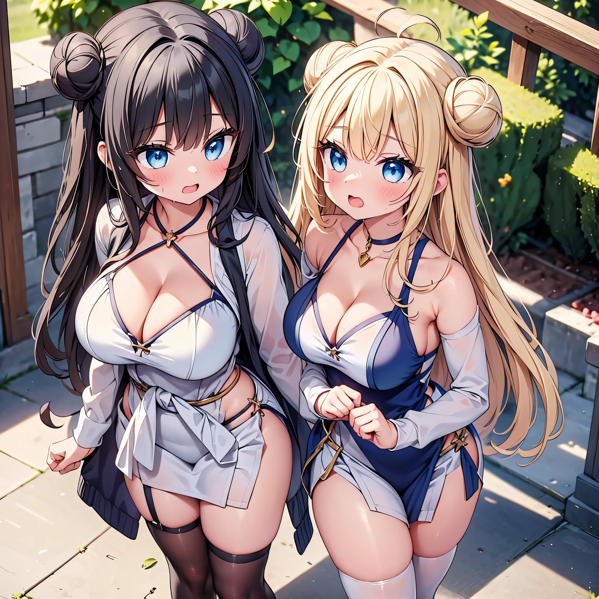 highest quality,wonderful,finely,extremely detailed CG Unity 8K wallpaper, (Stand in line:1.2), (3 girls, cute eyes, Black Hair, Blue Eyes, double bun, clothed), (sparkling eyes:1.2), (midium breasts), (wariza:1.4), (cleavage), (open mouth:1.1), (long tongue:1.1), (mouth drool:1.1), (black stockings:1.1),(Thighs:1.2),(Waistline:1.1),(Waistline), (From above:1.4)