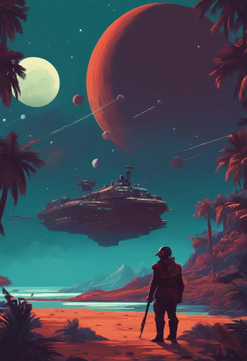 Piratas espaciales peleando con sus naves de no man's sky mientras dos planetas colisionan de fondo y hay un agujero negro en pixel art