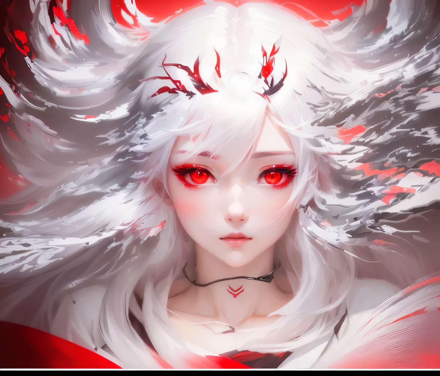 anime girl with red eyes and white hair with a red bow, artwork in the style of guweiz, digital anime art, with red glowing eyes, detailed digital anime art, guweiz, with glowing red eyes, anime styled digital art, stunning anime face portrait, girl with white eyes, made with anime painter studio, advanced digital anime art, white haired deity, best quality, 8k