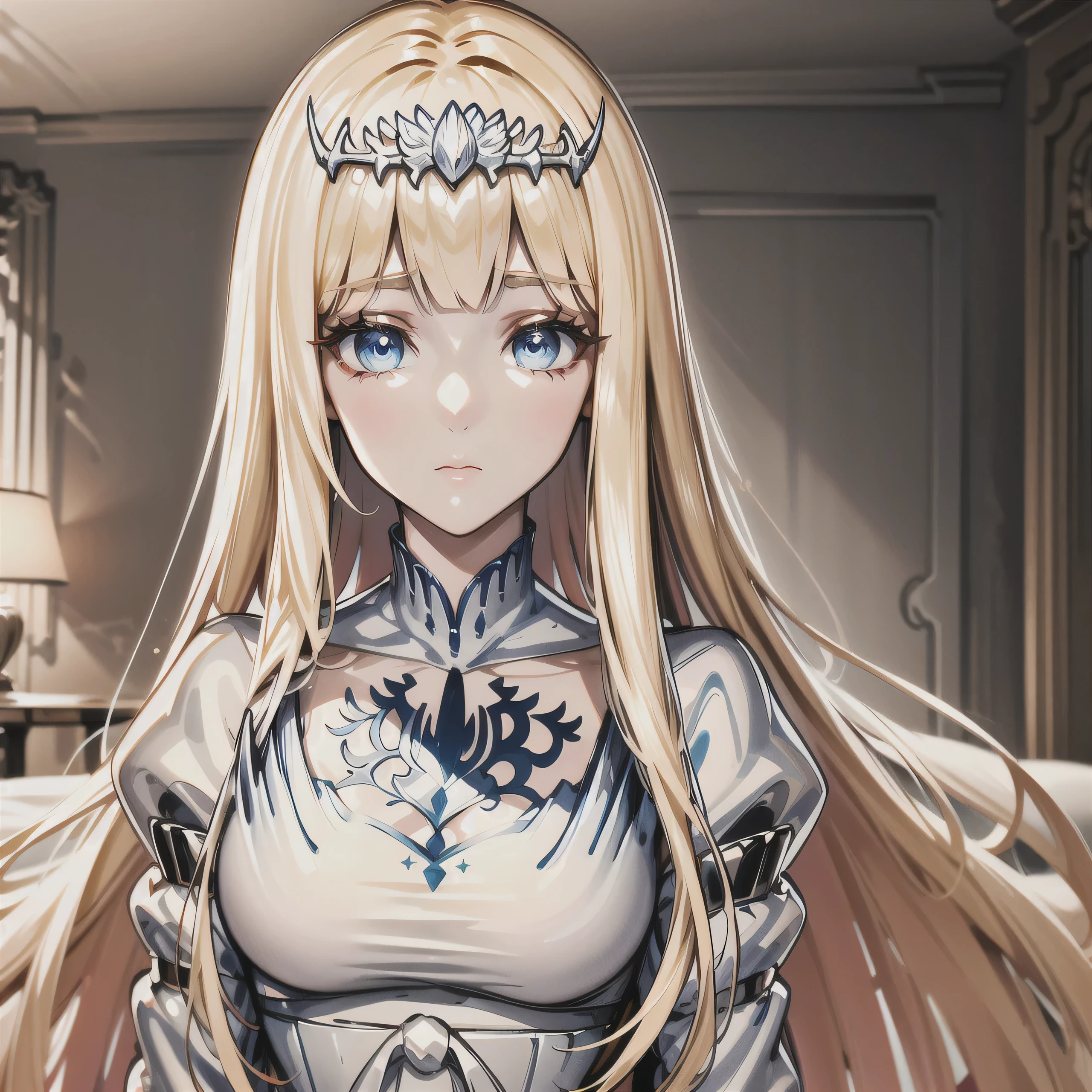 masterpiece, best quality, highres, , eyelashes, indoor, luxurious room, front, , looking at the viewer,upper body, facing viewer, , , facing the camera, high resolution, expressionless calm face, , looking away, 1girl,solo, Calca, Calca Bessarez, blonde hair, extremely long hair, very long hair, white tiara, silver tiara, white dress, blue eyes, medium chest