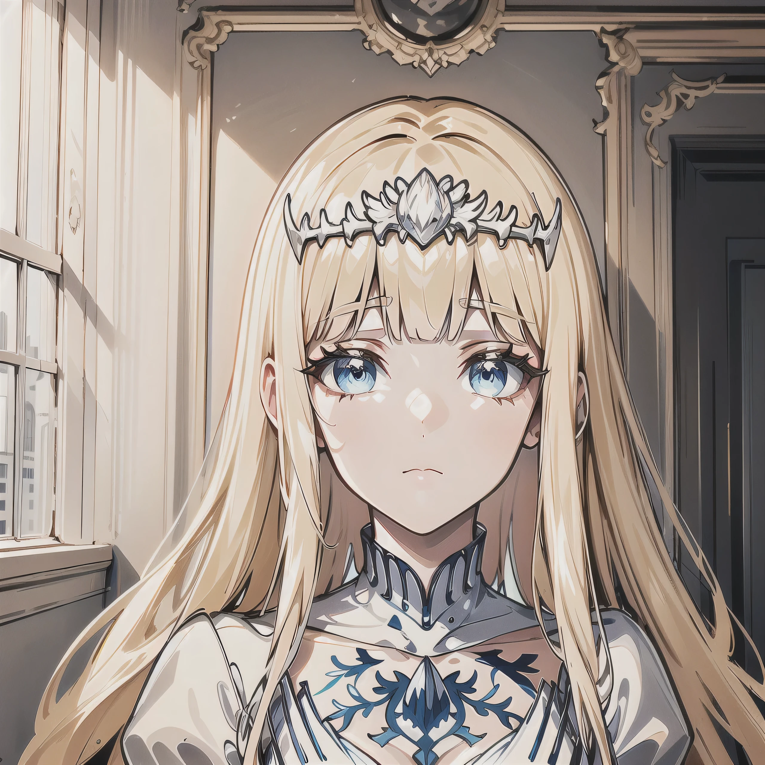 masterpiece, best quality, highres, , eyelashes, indoor, luxurious room, front, , looking at the viewer,upper body, facing viewer, , , facing the camera, high resolution, expressionless calm face, , looking away, 1girl,solo, Calca, Calca Bessarez, blonde hair, extremely long hair, very long hair, white tiara, silver tiara, white dress, blue eyes, medium chest