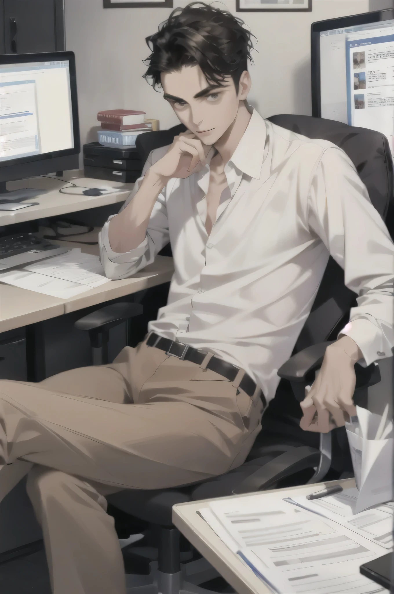 A 24-year-old man,Sitting in an office chair,Working in the Internet industry,There are 2 in front,Focused on work