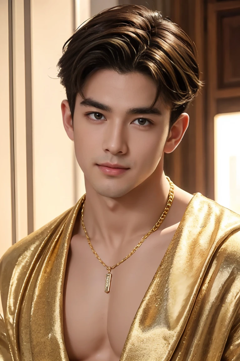 (masterpiece, best quality:1.2), 1 person, Single attractive man,With eyes like heaven, delicate brown hair, magic , Attractive appearance, Mysterious smile, Very beautiful face , Detailed facial images, Large Breasts,Long nipples , Full and swollen chest muscles,naked ,Handsome man! Diamonds in the ears. A gold chain hangs around his neck,Highest quality cute boy half-length photos!