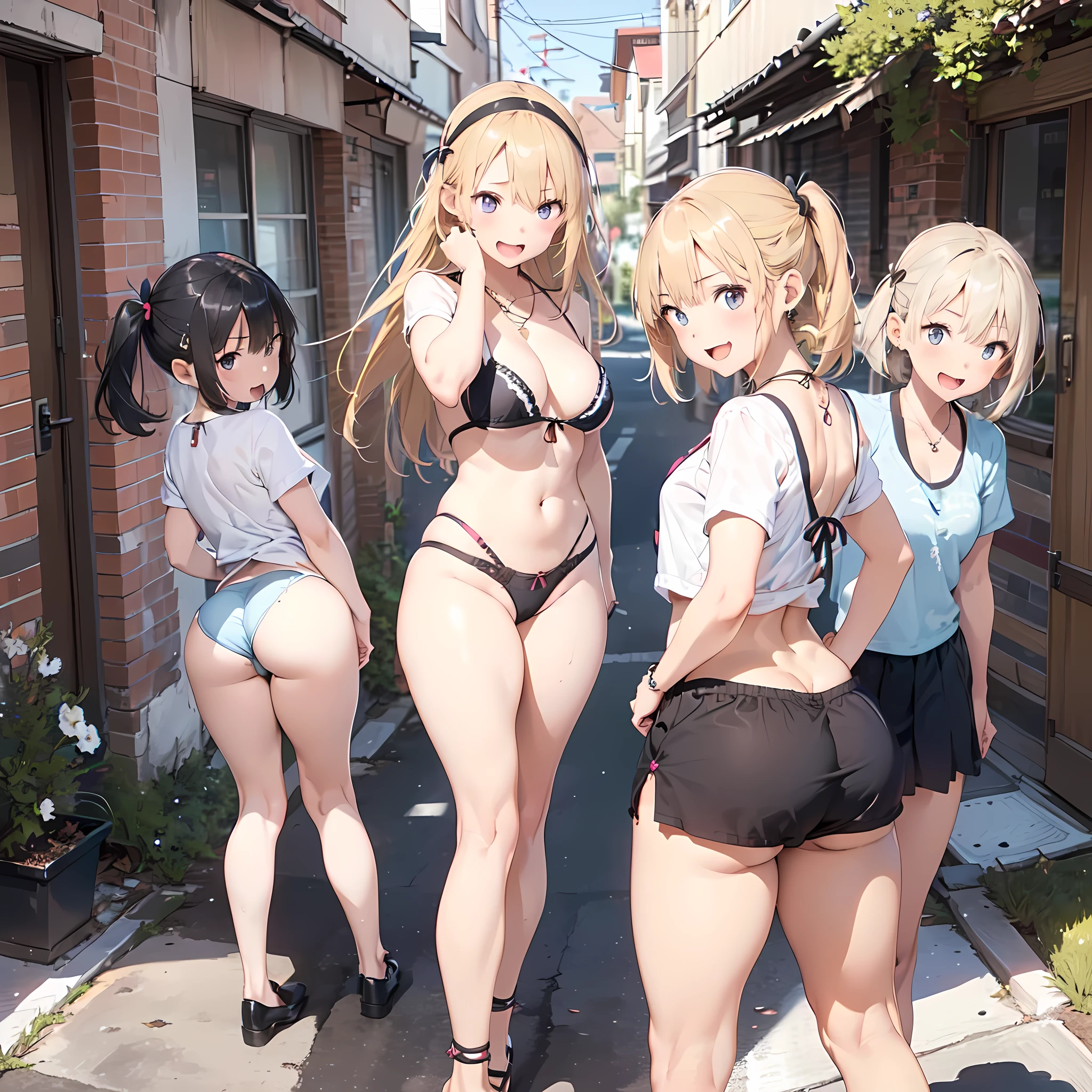 (three girls are sticking out their big butt boldly:1.5), (big butt:1.5), Laughing with your mouth open, (slender), hair band, Headband, hair bobbles, brown hair, blond hair, navel, jewelry, looking at viewer, necklace, long hair, short hair, Abdominal muscles, panties,