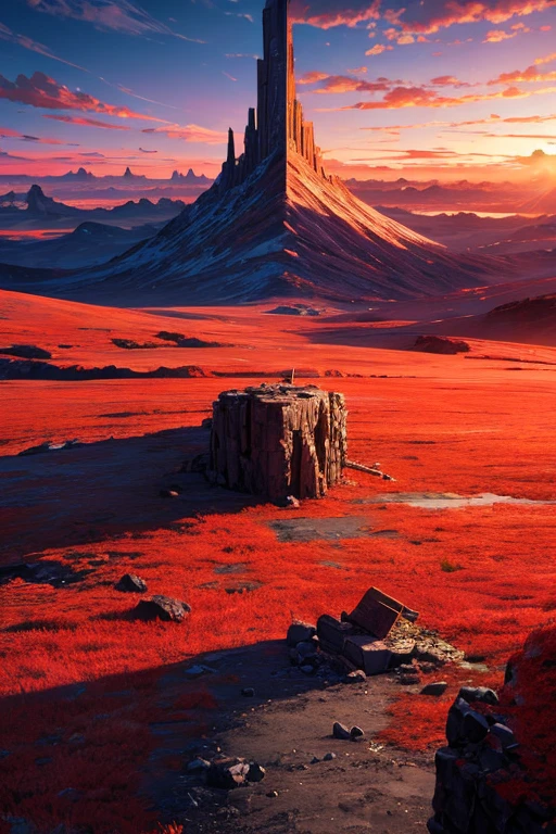 highest quality、Desolate Earth、wreckage、Red Sky、Surrealism