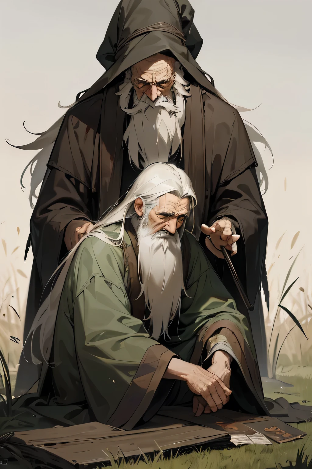 Old man, wizard, beggar clothes, unkempt coat, unkempt hair, long beard. grass fields, weeping, staring into distance, hair covering side of face