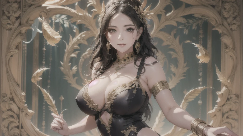Big Breastsの女性, colored feather, metal ornaments, colored Flowers, particle, Light, (masterpiece, 最high quality, 最high quality, Official Art, Beautiful and aesthetic:1.2), (1 girl:1.3), Very detailed,(Fractal Art:1.1),(colorful:1.1)(Flowers:1.3),Most detailed,(Dynamic pose), (Abstract background:1.3), (Shiny skin), (Many colors :1.4), ,(Earrings:1.4), (feather:1.4),masterpiece, 最high quality, 30~40 years, Full Body Shot, Mature Woman, 美しい Mature Woman,Captivating smile, Thick lips, Plumpとした唇, blush, Looking at the audience, Provocative expression, Cleavage, Plump、Curvy Hips、Attractive face、Mischievous face、An inviting gaze、Expressing emotions,Standing position、Gorgeous accessories and various hairstyles,Gold headband,Ample breasts,Uneven buttocks,Greek clothing,Tulle covers the chest,Perfect balance, Detailed clothing details,Temple,Lighting, Film Grain, contrast of Light and dark, 8k, masterpiece, Very detailed, Attention to detail, high quality, High resolution, masterpiece, 最high quality, Very detailed, Big Breasts, Are standing, Cowboy Shot, Looking at the audience, Outdoor, blush, 1 girl, (masterpiece:1.3), (High resolution), (8k), (Very detailed), Perfect Face, Beautiful eyes and face, (((最high quality))), (Very detailed), Detailed face and eyes, (alone), High resolution、Beautiful eyes,(((Sexy pose)))、(((Full body depiction)))