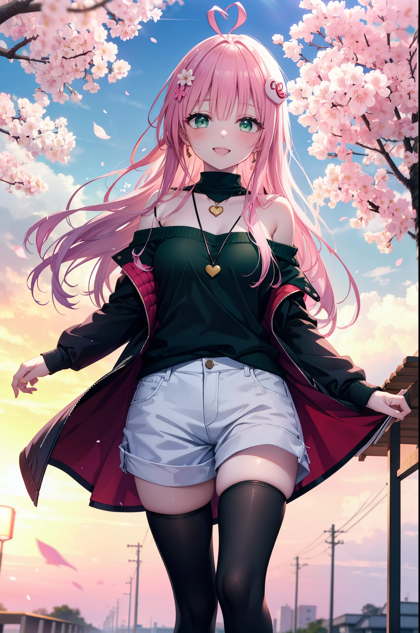 Lara Deviluke, Lara Deviluke, Long Hair, Pink Hair, tail, Ahoge, bangs, hair ornaments, (Green Eyes:1.5), happy smile, smile, Open your mouth,demon tail,Off-the-shoulder sweater,Exposing shoulders,bare clavicle,Bare neck,Heart Pendant,Shorts,Black Pantyhose,short boots,Cherry blossoms are blooming,Cherry blossoms are scattered,Cherry blossom tree-lined path,Daytime,Clear skies,
break outdoors, city,ビル街
break looking at viewer, (Cowboy Shot:1. 5)
break (masterpiece:1.2), highest quality, High resolution, unity 8k w全てpaper, (shape:0.8), (beautiful detailed eyes:1.6), extremely detailed face, Perfect lighting, extremely detailed CG, (Perfect hands, Perfect ???????),