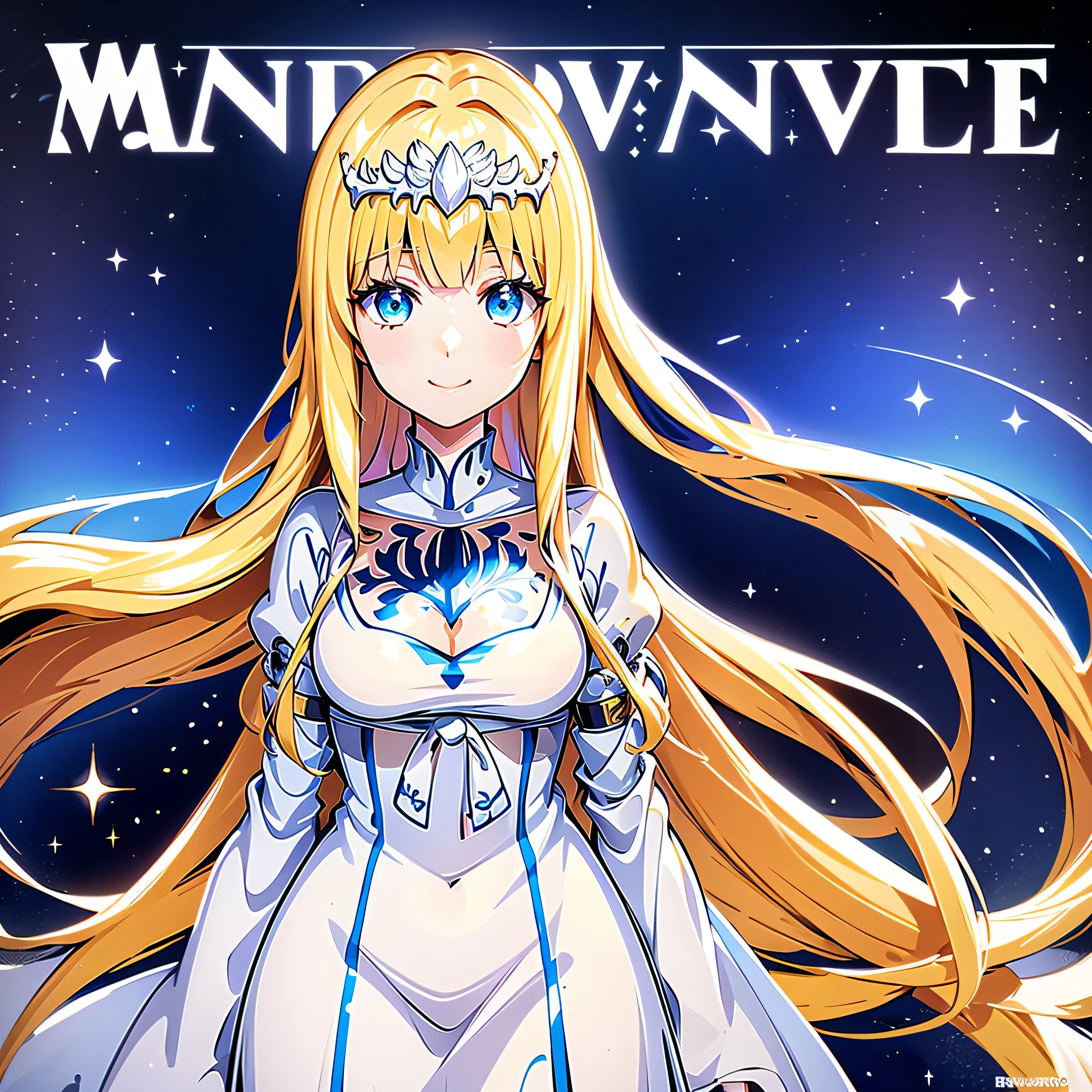 Magazine Cover. Anime. smiles gently. . Fantasy theme. Upper body. Half body potrait., 1girl,solo, Calca, Calca Bessarez, blonde hair, extremely long hair, very long hair, white tiara, silver tiara, white dress, blue eyes, medium chest