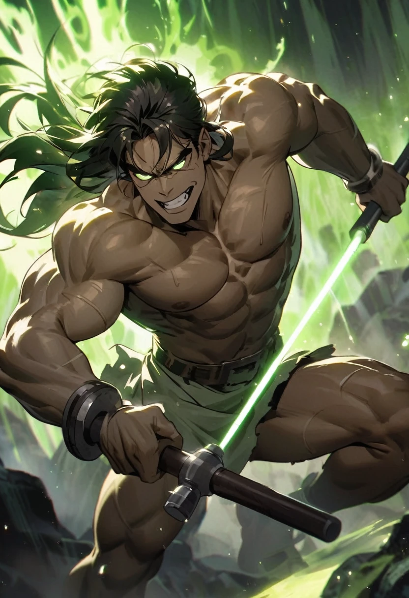 Tarzan holding a Hammer, he looks like Frankenstein and is glowing on a dark power