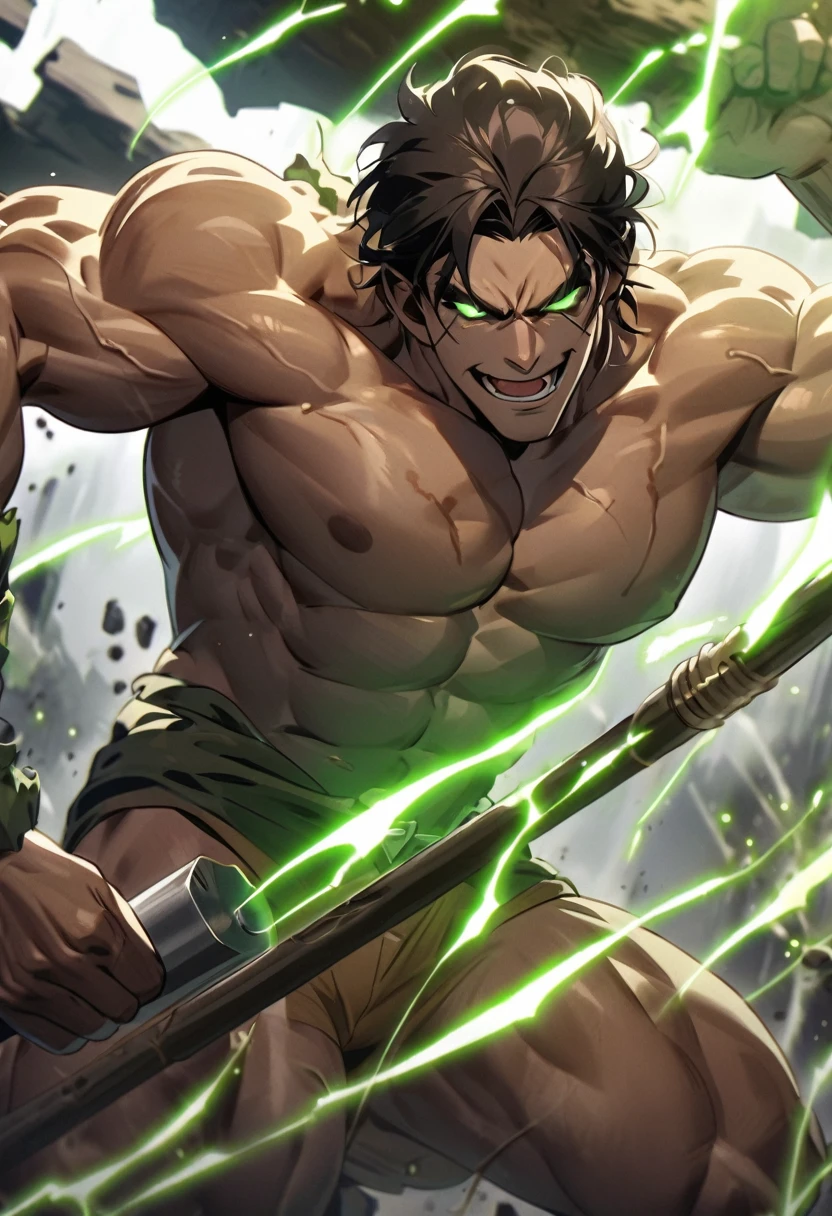 Tarzan holding a Hammer, he looks like Frankenstein and is glowing on a dark power