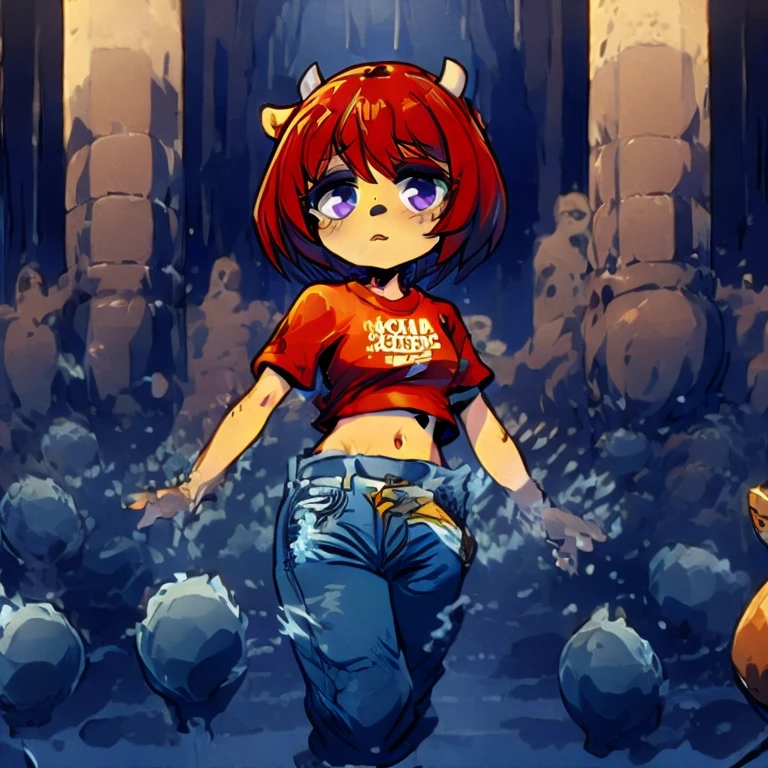 1girl, lammy, furry, red hair, short hair, horns, red shirt, dark purple eyes, tanned, blue jeans, midriff, (cowboy shot:1.2), 