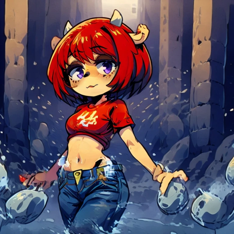 1girl, lammy, furry, red hair, short hair, horns, red shirt, dark purple eyes, tanned, blue jeans, midriff, (cowboy shot:1.2), 