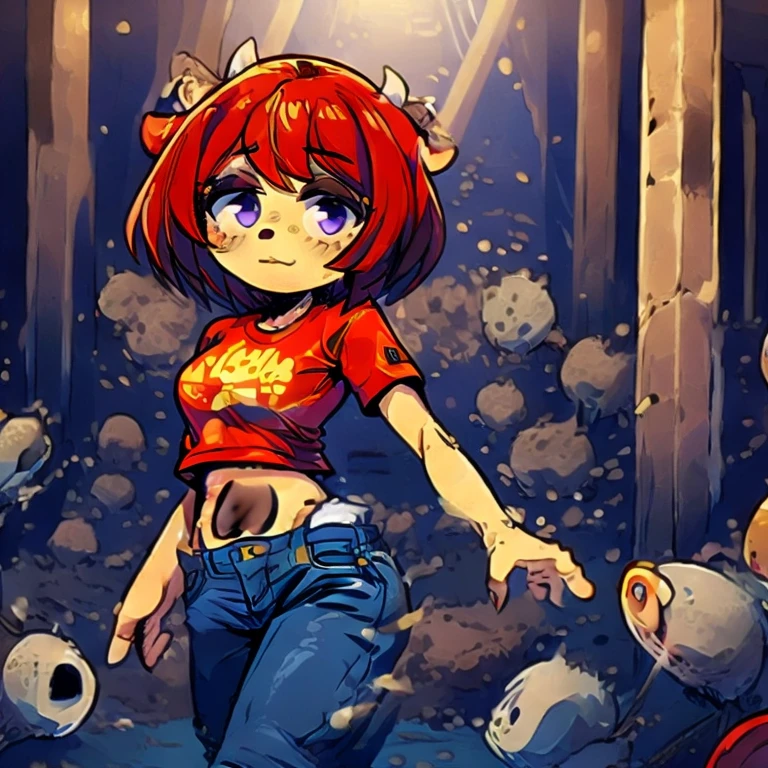 1girl, lammy, furry, red hair, short hair, horns, red shirt, dark purple eyes, tanned, blue jeans, midriff, (cowboy shot:1.2), 