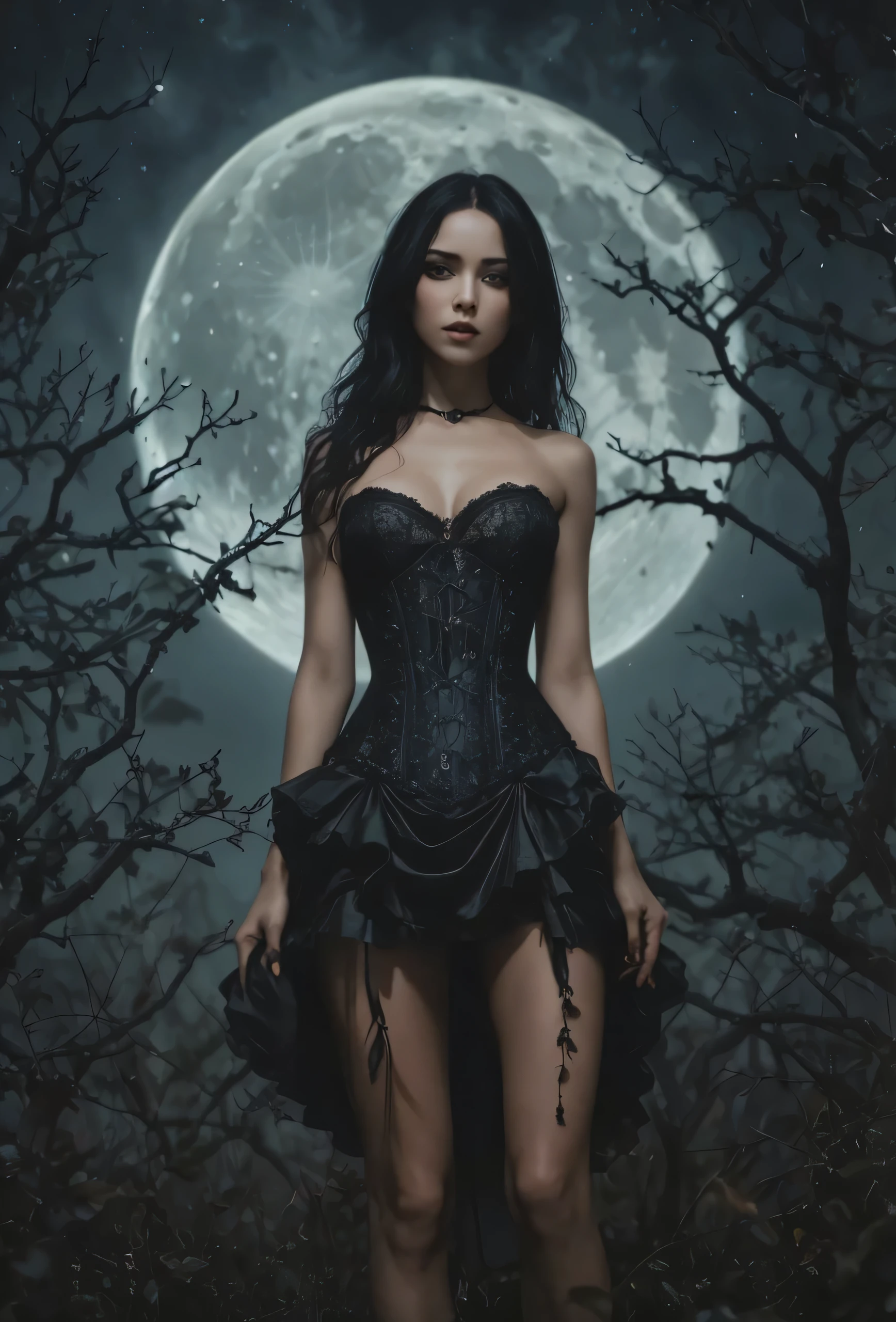 A stunning Gothic beauty, reminiscent of a young Ksenia Solo in a black gown with a hard corset and lace details, very short skirt, naked from below. Her luminous pale face with gothic makeup stands out from the darkness of the night, her large deep eyes, ruby jewelry on her long black flowing hair. jewelleries. They are framed by black patterned branches of bushes. long black lace gloves. She is standing in the nighttime, under a black starry sky. With small leather book in her hands. Full height shot. Large moon. The photo is in the hyperrealistic style of Marco Mazzoni and Luis Royo, capturing the essence of the moment perfectly. The high-resolution image captures every detail with incredible clarity. Dark tones, dark background, high contrast