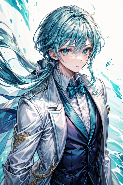 (masterpiece, best quality, perfect face, expressive eyes), 1boy, (anime), (male), (adult), aqua eyes, aqua hair, blue noble clothing, white coat, blue vest, blue jewelry,