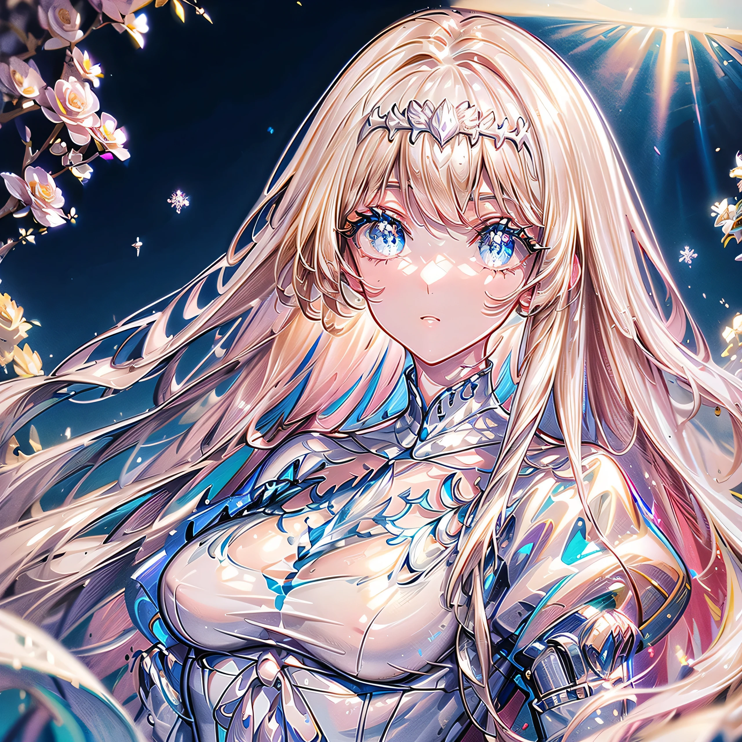 (masterpiece、8K、top-quality)、(Soft light:1.3), Detailed face, Detailed eyes, Dress, beautiful digital works of art, landscape, Back Light, Many flowers, forest, Sparkling eyes, Winters, Warm, Warm light, Snow, 1girl,solo, Calca, Calca Bessarez, blonde hair, extremely long hair, very long hair, white tiara, silver tiara, white dress, blue eyes, medium chest