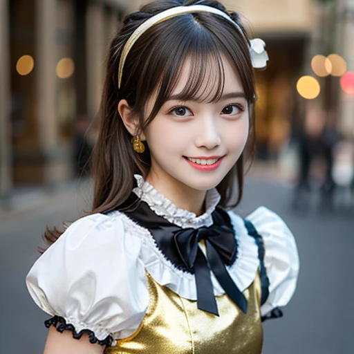 photo realistic, a girl in gold satin dress, , pretty face, Lolita Fashion, Colorful frilly satin costume:1.2, many frilled skirt, smile, Double teeth, extra detailed Face, extra detailed Eyes, Drooping eyebrows, blush, break, Bright lighting, diagonal standing pose:1.6, low angle:1.8, knee shot:2.0