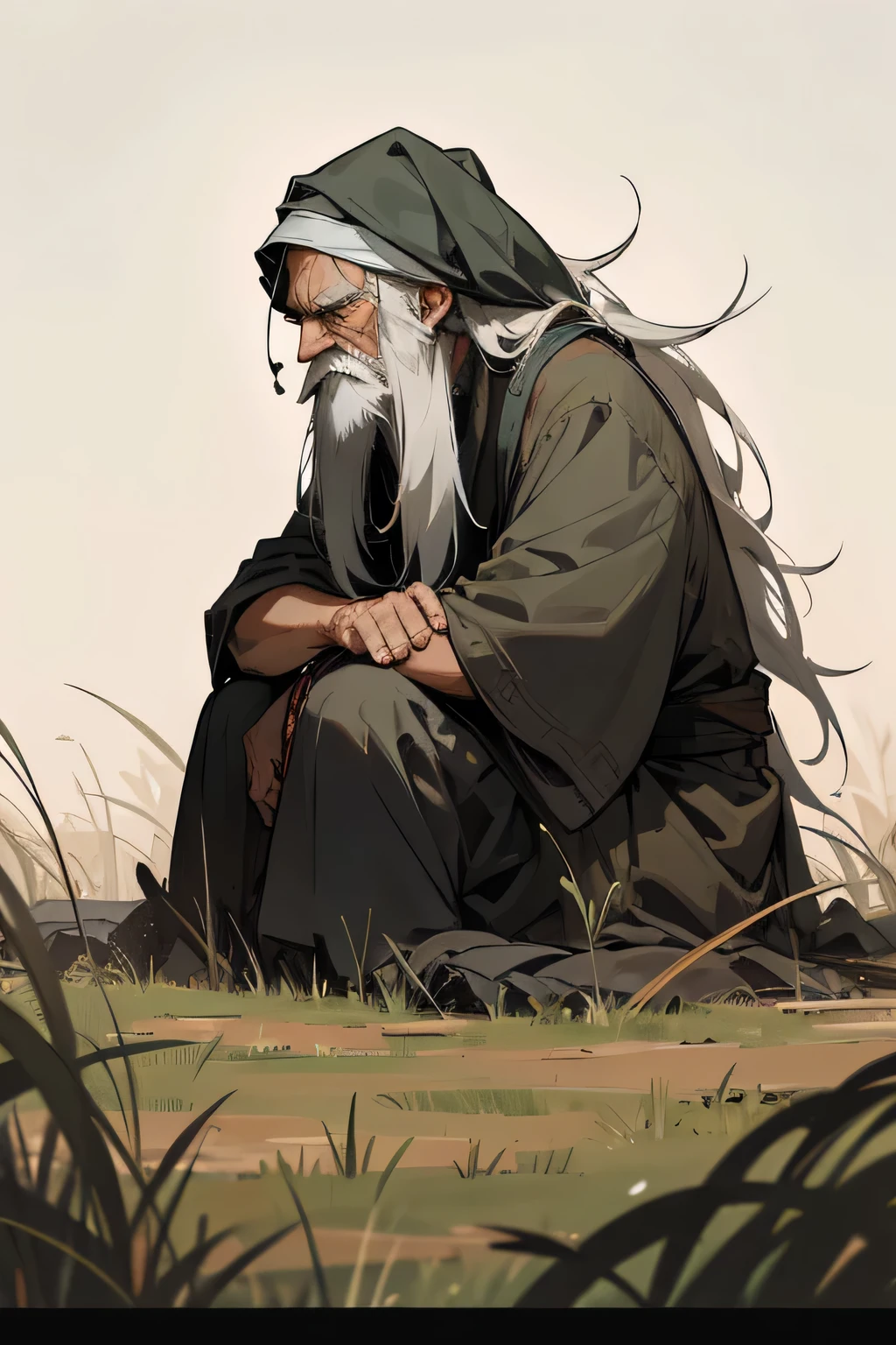 Old man, beggar clothes, unkempt hair, long beard. grass fields, weeping, staring into distance, hair covering side of face
