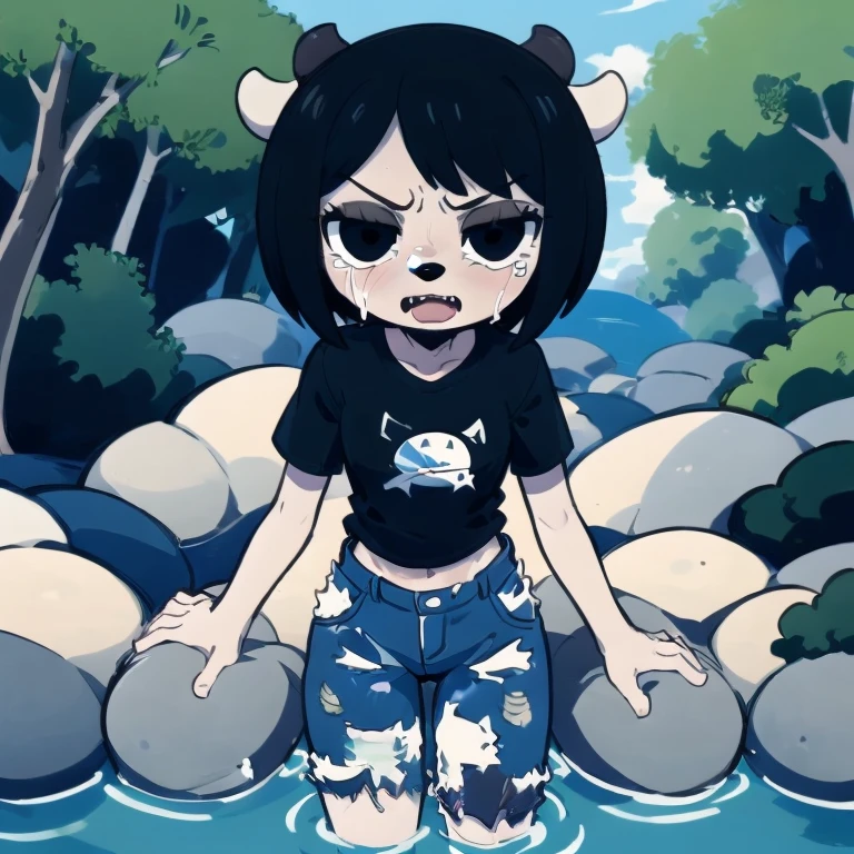 1girl, furry, black hair, short hair, horns, black eyes,  grey skin, black shirt, blue jeans, midriff, (full body:1.2),  simple background,  rammy, mad SurfaceWater,from above,wading,fangs of fish,forest,tree,jungle,river,looking down,(too many evil fish,too many evil piranha, too many evil piranha surrounded),screaming,raised eyebrows,wide-eyed,crying,tears,   MeetShark,girl in the back glaring at a shark,girl meets a shark underwater, from behind, looking away,