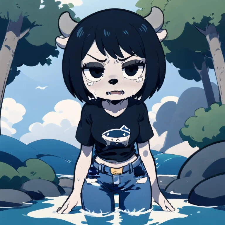 1girl, furry, black hair, short hair, horns, black eyes,  grey skin, black shirt, blue jeans, midriff, (full body:1.2),  simple background,  rammy, mad SurfaceWater,from above,wading,fangs of fish,forest,tree,jungle,river,looking down,(too many evil fish,too many evil piranha, too many evil piranha surrounded),screaming,raised eyebrows,wide-eyed,crying,tears,   MeetShark,girl in the back glaring at a shark,girl meets a shark underwater, from behind, looking away,