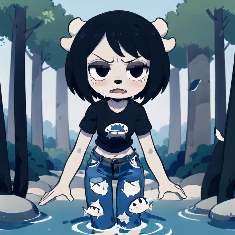 1girl, furry, black hair, short hair, horns, black eyes,  grey skin, black shirt, blue jeans, midriff, (full body:1.2),  simple background,  rammy, mad SurfaceWater,from above,wading,fangs of fish,forest,tree,jungle,river,looking down,(too many evil fish,too many evil piranha, too many evil piranha surrounded),screaming,raised eyebrows,wide-eyed,crying,tears,   MeetShark,girl in the back glaring at a shark,girl meets a shark underwater, from behind, looking away,