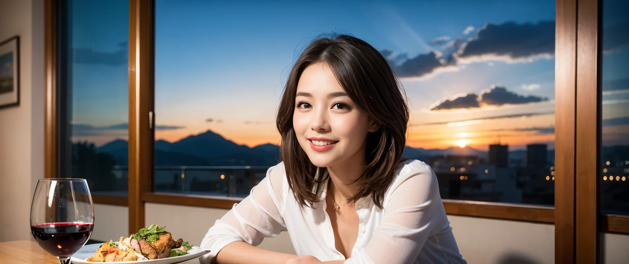 ((highest quality、8k、masterpiece:1.3))、Sharp focus:1.2、Beautiful woman perfect body:1.4、slimなボディ、((Bob Hale、Straight hair:1.2))、(to be born, highest quality, masterpiece:1.5), (Realistic, Intricate details:1.2), Ultra-high resolution, Please shine a light on my face、Amazing view of the sunset sky and clouds、Amazing mountain views、ニコニコ明るいsmile、wine glass、red wine 、Appetizers、Italian food、Wine bottle、Champagne、sparkling wine、, Beautiful Face, blue eyes, The light shines on your face, Blushing, short hair,Bright Face、Fox face、 (36 years old), 39 years old, Lady、Two beauties、Brown Hair、Shortcuts、Long sleeve shirt、dress、Pretty Woman 1, (slimな顔), (The body is slim), (Brown Hair), (Shortcuts), cheeks turn a little red,Attractive beauty、, Out of the window, A beautiful and detailed night view unfolds.........., restaurant, In a prominent place (From the waist up) Nova Frog Style, actress, model, Upper Body, White wine, slim, wine glass, 真ん中に置かれたwine glass, smile, (smile: 1.15), Beautiful fine grain, Depth f/2,saturation, High Contrast, Strong light and shadow,Moist Body:1.5、3D texture、Delicate eyes、Brown Hair、The hair is very shiny、