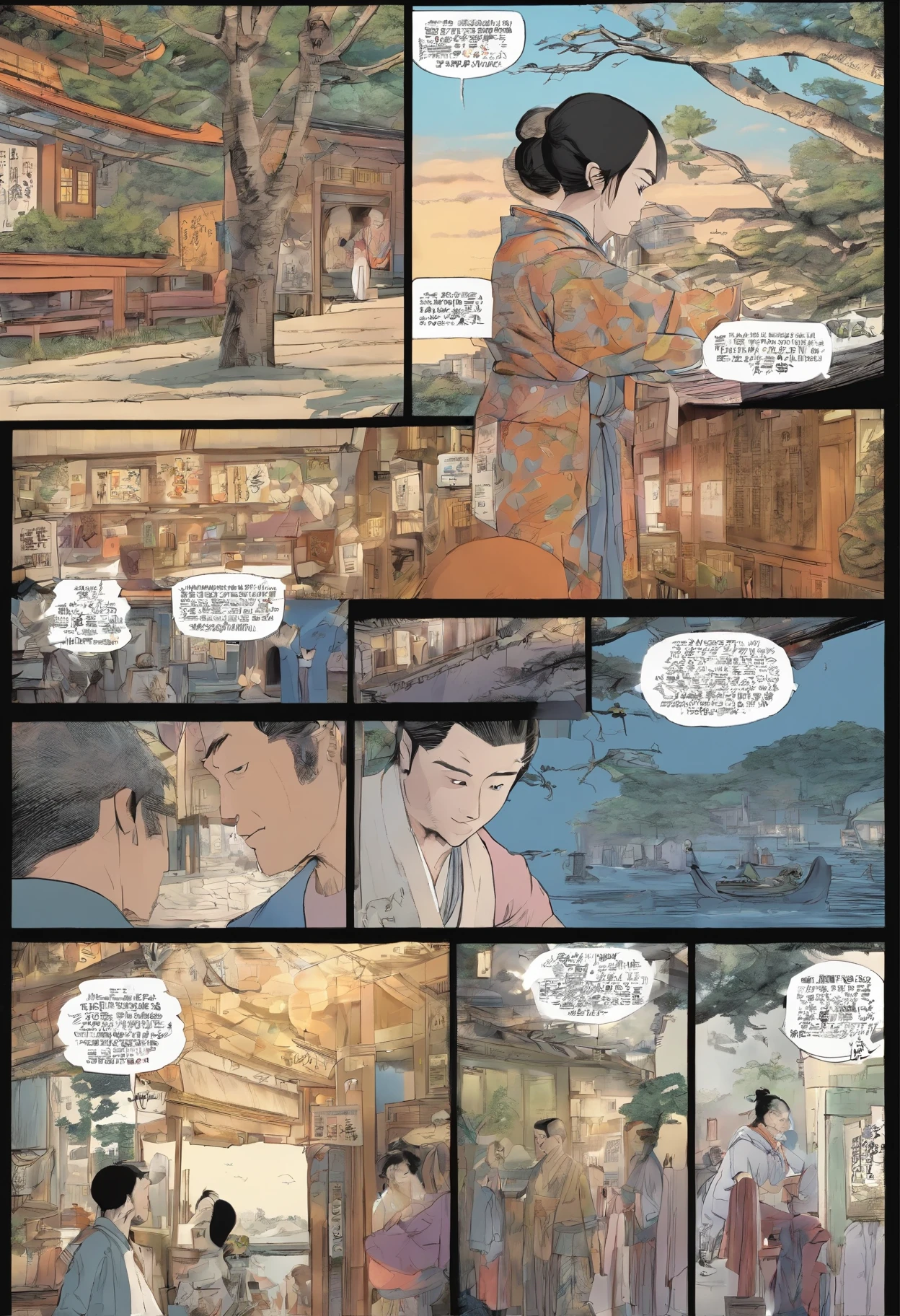 American Comics, Rakugo、Displayed on a monochrome panel. A Japanese boy leaves home and meets all sorts of strange people、Reunion with the One-Armed Muscle Man. The style is exaggerated、detailed