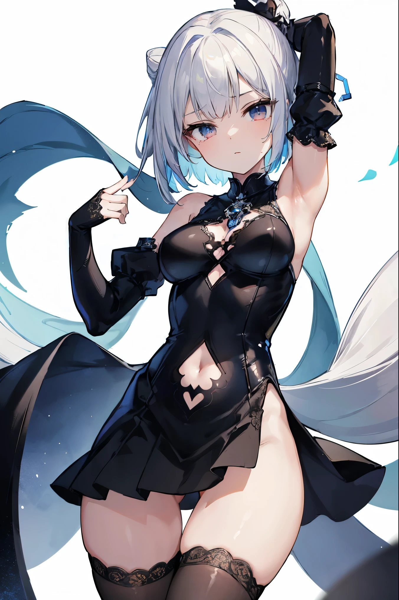 1girl, anime, cute girl, blank background, white background, fantasy, detailed fantasy dress with highlights, beautiful face, beautiful eyes, dark colors, black hair with multicolor streaks, red eye with different color pupil in eye, multicolor eye, medium breasts, slight cleavage, beautiful skin, cute, breast curtains, extremely delicate and beautiful, (beautiful detailed face:1.0), (detailed deep eyes), symmetrical breasts, deep eyes, shiny skin, portrait, slender waist, hips wider than shoulders, thighs, expressionless, young girl, luminous eyes, adorable，（Kpop idol）,（aegyo sal：1），（Platinum blonde hair：1），（（puffy eye）），Black panty，sexy posture，Superskirt, Ultra-high resolution，Black collar，slim figure, Abdominal y tattoo, womb tattoo，Tight-fitting leg ring，y tattoo on half-body，Bare skin, Armored hand，Hidden fingertips，Hand covered，Arm covered，Fist covered,{{beautiful detailed fingers}}, tufts of hair, moderate beautiful breast:1.0,(masterpiece:1.2), best quality, high-res, HDR, perfect face, intricate armor, delicate blue filigree, intricate filigree, red metalic parts, detailed part, dynamic pose, dynamic lights, cute face, neutral expression