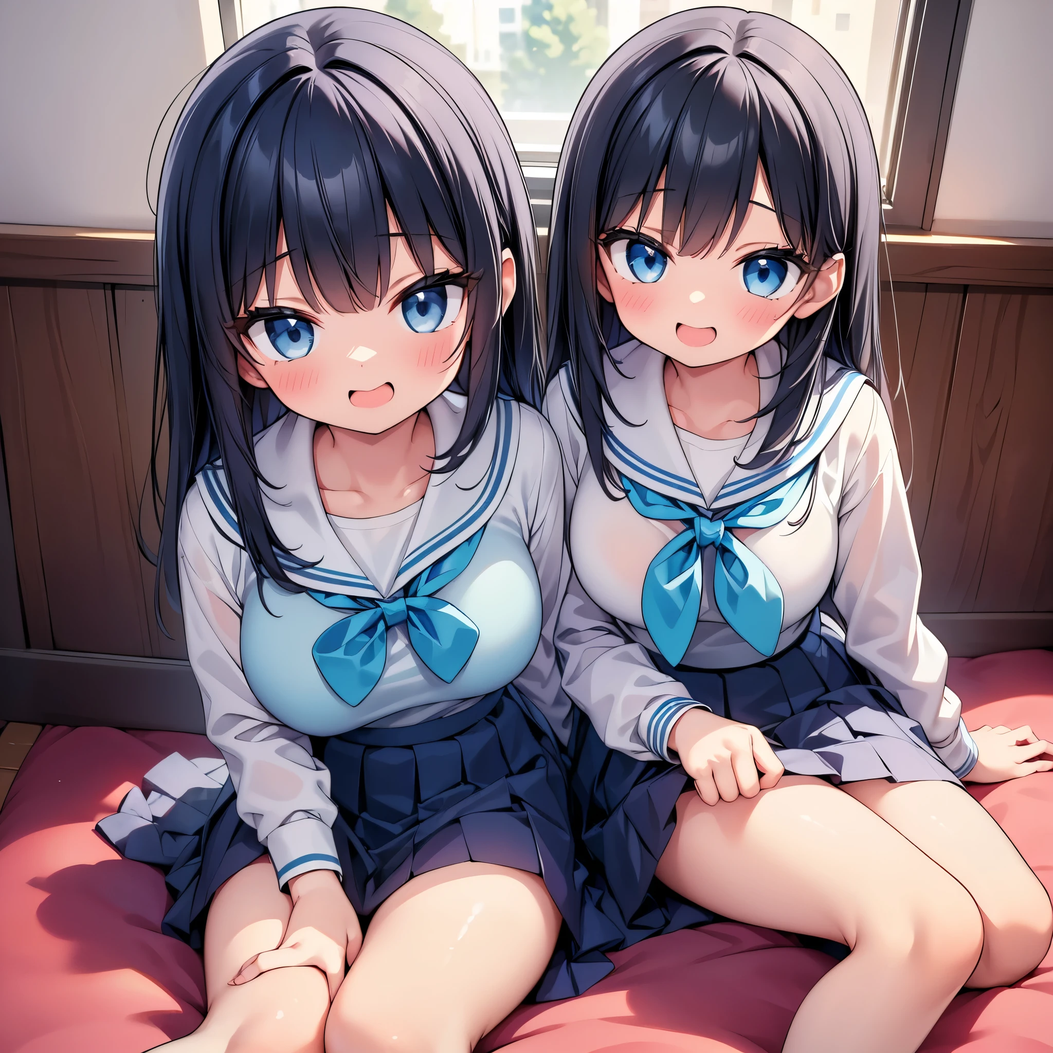 (masterpiece: 1.2, highest quality, masterpiece, Clearer images), (Vibrant colors), ((Take clear photos even from a distance)), (Multiple Girls), (Harem), (School classmates), (((All school uniforms have the same design))), (((Everyone is wearing the same dark blue skirt))), ((16 years old)), ((prostitution婦)), (prostitution宿, On the bed), (cute Japanese((6 Girls))), (((infant'Face))), ((Group shot)), (Group selfie), Wide-angle, Soft Light, ((((Laugh with your mouth wide open)))), (Slightly larger breasts), ((prostitution)), (Lure), ((Audiences love it)), (((A lot of hearts are flying))),