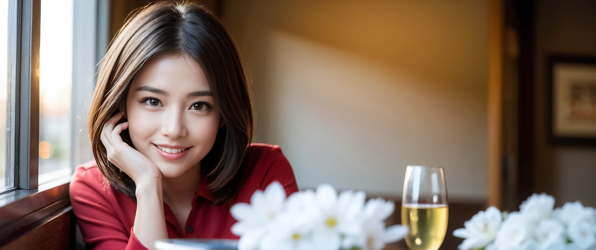 ((highest quality、8k、masterpiece:1.3))、Sharp focus:1.2、Beautiful woman perfect body:1.4、slimなボディ、((Bob Hale、Straight hair:1.2))、(to be born, highest quality, masterpiece:1.5), (Realistic, Intricate details:1.2), Ultra-high resolution, Please shine a light on my face、Amazing view of the sunset sky and clouds、Amazing mountain views、ニコニコ明るいsmile、wine glass、red wine 、Appetizers、Italian food、Wine bottle、Champagne、sparkling wine、, Beautiful Face, blue eyes, The light shines on your face, Blushing, short hair,Bright Face、Fox face、 (36 years old), 39 years old, Lady、Two beauties、Brown Hair、Shortcuts、Long sleeve shirt、dress、Pretty Woman 1, (slimな顔), (The body is slim), (Brown Hair), (Shortcuts), cheeks turn a little red,Attractive beauty、, Out of the window, A beautiful and detailed night view unfolds.........., restaurant, In a prominent place (From the waist up) Nova Frog Style, actress, model, Upper Body, White wine, slim, wine glass, 真ん中に置かれたwine glass, smile, (smile: 1.15), Beautiful fine grain, Depth f/2,saturation, High Contrast, Strong light and shadow,Moist Body:1.5、3D texture、Delicate eyes、Brown Hair、The hair is very shiny、