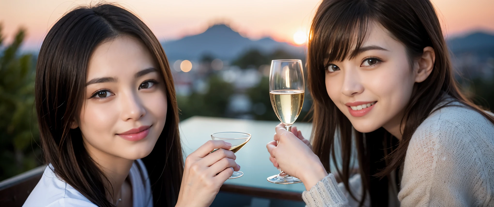 ((highest quality、8k、masterpiece:1.3))、Sharp focus:1.2、Beautiful woman perfect body:1.4、slimなボディ、((Bob Hale、Straight hair:1.2))、(to be born, highest quality, masterpiece:1.5), (Realistic, Intricate details:1.2), Ultra-high resolution, Please shine a light on my face、Amazing view of the sunset sky and clouds、Amazing mountain views、ニコニコ明るいsmile、wine glass、red wine 、Appetizers、Italian food、Wine bottle、Champagne、sparkling wine、, Beautiful Face, blue eyes, The light shines on your face, Blushing, short hair,Bright Face、Fox face、 (36 years old), 39 years old, Lady、Two beauties、Brown Hair、Shortcuts、Long sleeve shirt、dress、Pretty Woman 1, (slimな顔), (The body is slim), (Brown Hair), (Shortcuts), cheeks turn a little red,Attractive beauty、, Out of the window, A beautiful and detailed night view unfolds.........., restaurant, In a prominent place (From the waist up) Nova Frog Style, actress, model, Upper Body, White wine, slim, wine glass, 真ん中に置かれたwine glass, smile, (smile: 1.15), Beautiful fine grain, Depth f/2,saturation, High Contrast, Strong light and shadow,Moist Body:1.5、3D texture、Delicate eyes、Brown Hair、The hair is very shiny、