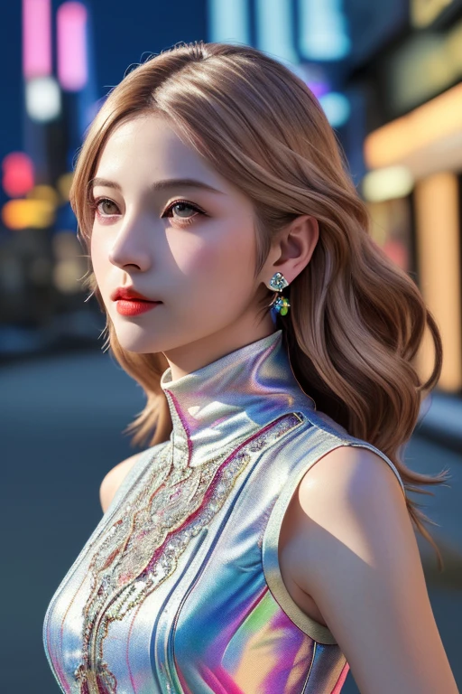 (RAW Photos, highest quality), (Realistic, Photo Realistic: 1.3), highest quality, Very detailedな, masterpiece, Hyper Detail, shape, 1 girl, upper_body, Dynamic Angle, World masterpiece Theater, Messy_length_hair, highest quality, Very detailedな CG 統合 8k 壁紙, ink, wonderful, Cinema Lighting, ((Vibrant color and pattern combinations)), Lace turtleneck,Sleeveless blouse,Silk wide pants,beautifully,Mysterious:1.2, (One Girl:1.3), Very detailed,(Fractal Art Pattern:1.1),(colorful:1.1),Mature Woman,(Light brown shaggy hair),しなやかな長い前hair, A kind smile, (Mouth closed), (highest qualityのmasterpiece:1.2) Delicate illustrations, Most detailed,Full Body Portrait, (Street background:1.3), (Shiny skin), (Many colors:1.4), ,(Earrings), (Translucent 1.5),