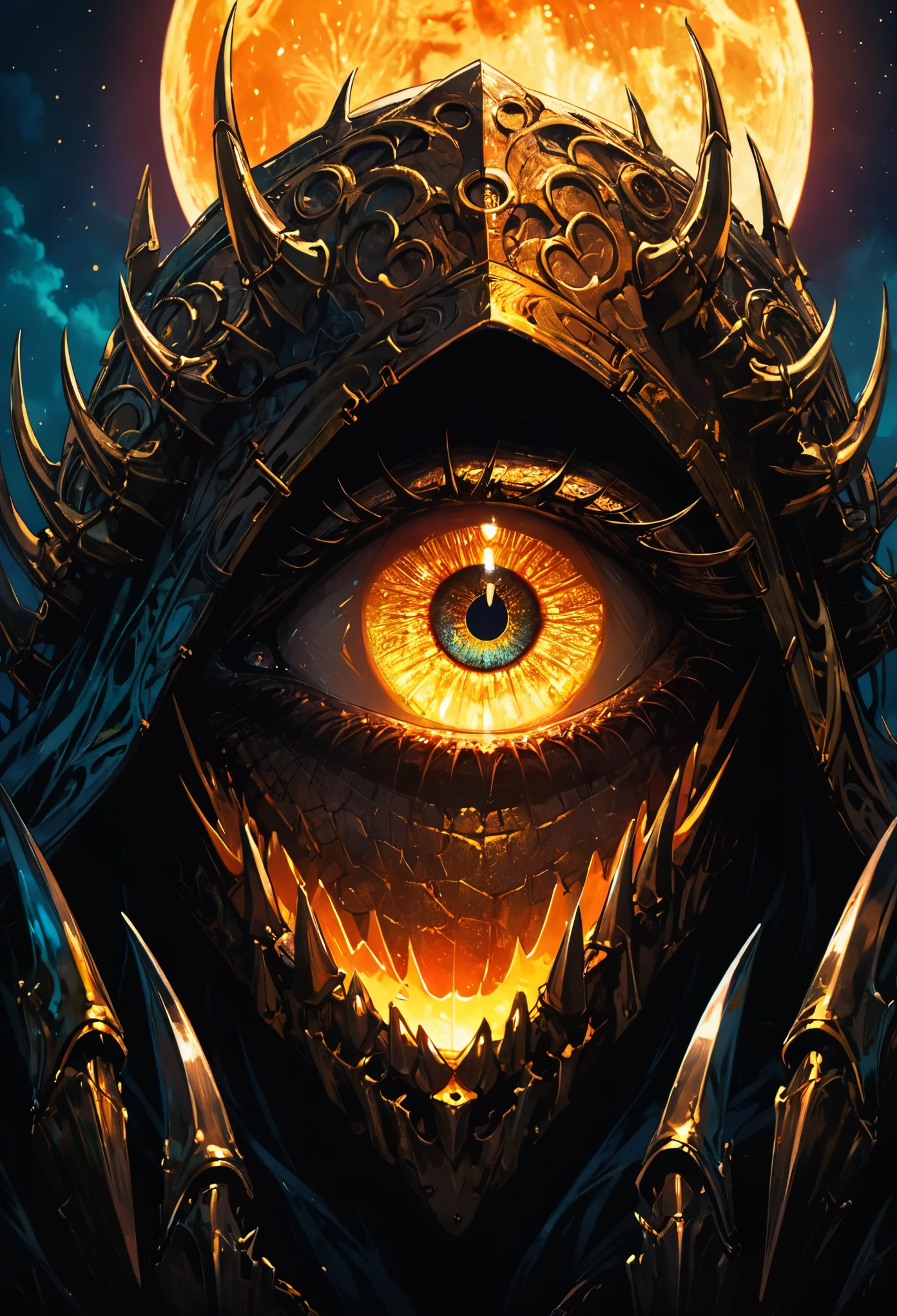Hyper Detailed, Cinematic Light, Intricate Detail, Official Art, Detailed Glow,red skull, (Steel claws, Steel Fang:1.5), portrait, artist by Rostlan, Benedict Barna, Morel, (((Gold Jewelry))), (1 ultra-realistic moon eye:1.8), Miracle, Dark atmosphere, Black Forest background, ((neon glowing)), ((electrical arcs)), Characteristics of dragons, Jewelry accessories, Vibrant colors、Bokeh、portrait、landscape、fear, Science fiction, photography, Concept Artist, word graffiti, Electronic Links, Metal chains, Tonalism, Gothic art, by Alfons Mucha, Masterpiece, Best Quality, Highres