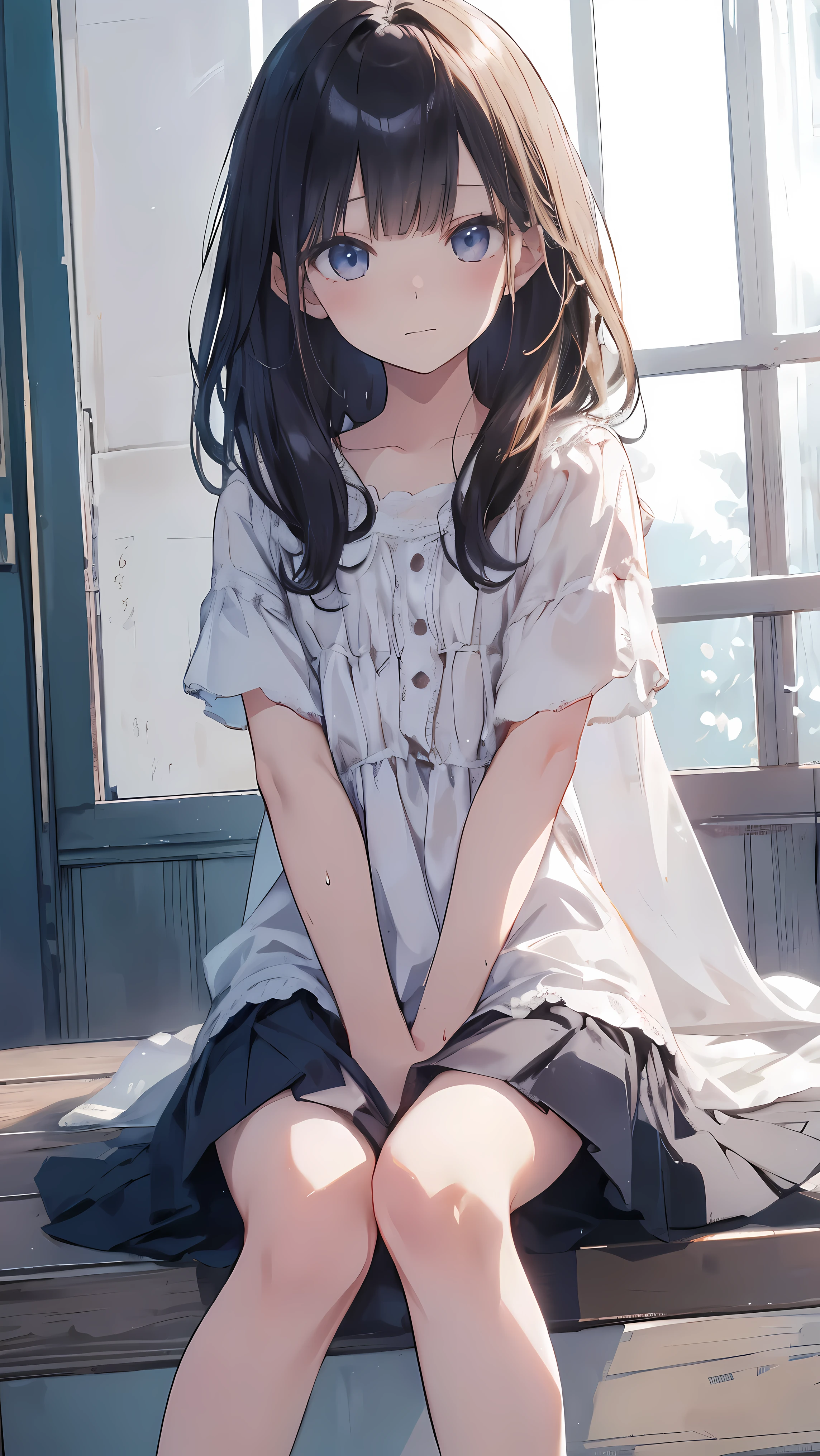 Masterpiece、Highest quality、highest quality、Wet Hair、(((Lori)))、((((Petite))))、Shiny hair quality、Small face、Sitting、Super detailed, beautiful, wide eyes、Ultra-detailed, clear and beautiful faces、(cute illustration:1.2), High-resolution, ultra-detailed, best quality, embarrassed
