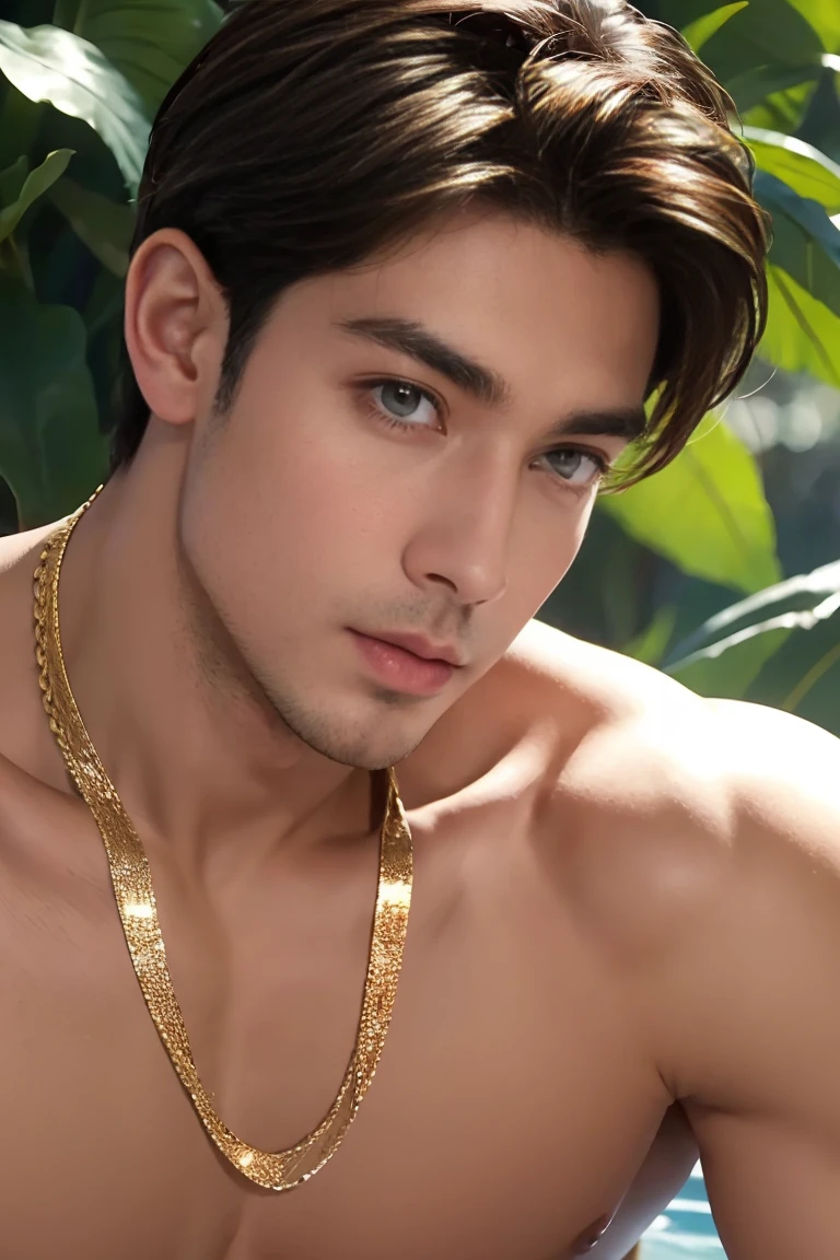 (masterpiece, best quality:1.2), 1 person, Single attractive man,With eyes like heaven, delicate brown hair, magic , Attractive appearance, Mysterious smile, Very beautiful face , Detailed facial images, Large Breasts,Long nipples , Full and swollen chest muscles,naked ,Handsome man! Diamonds in the ears. A gold chain hangs around his neck,Highest quality cute boy half-length photos!