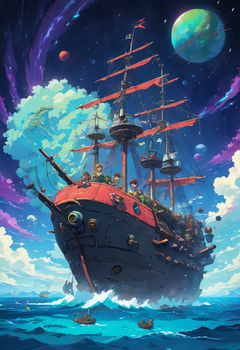 Piratas espaciales peleando con sus naves de no man's sky mientras dos planetas colisionan de fondo y hay un agujero negro en pixel art