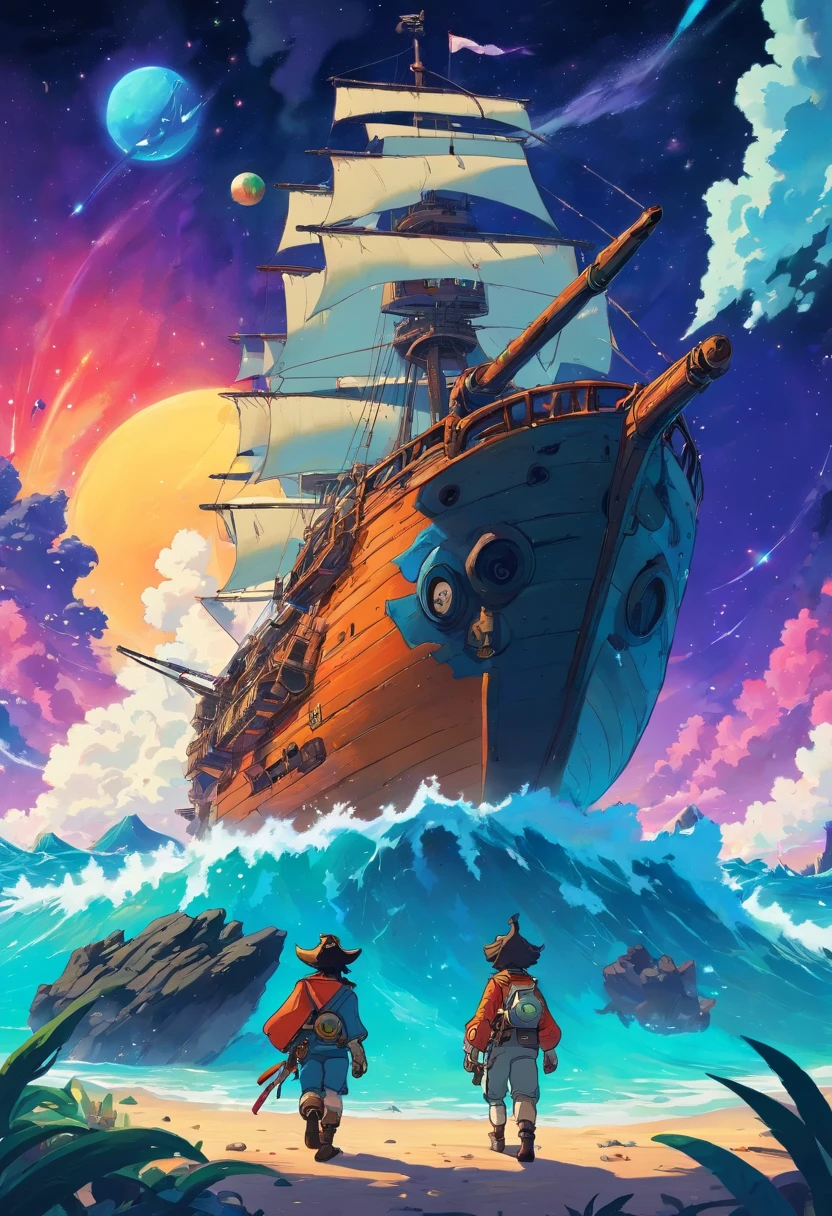 Piratas espaciales peleando con sus naves de no man's sky mientras dos planetas colisionan de fondo y hay un agujero negro en pixel art