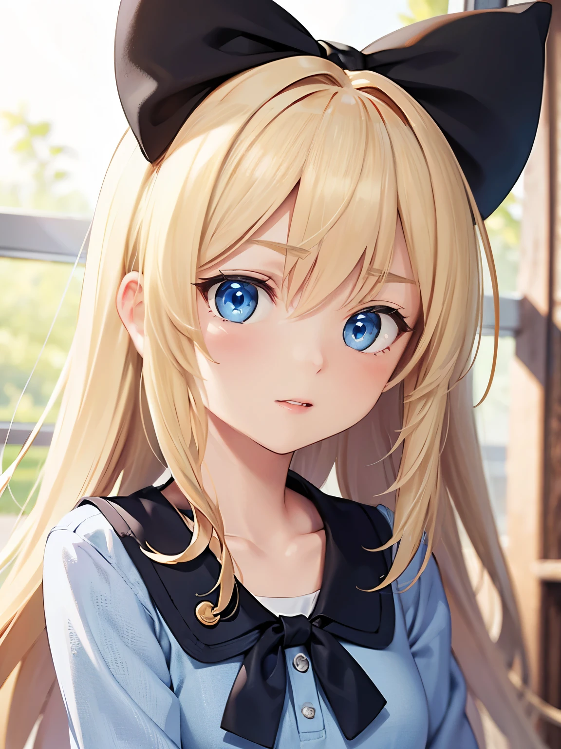 Blonde, long hair, blue eyes, black hair bows, two bows, blue shirt, white shorts, nervous, portrait, closeup, day, outside, short, woman, light blue shirt