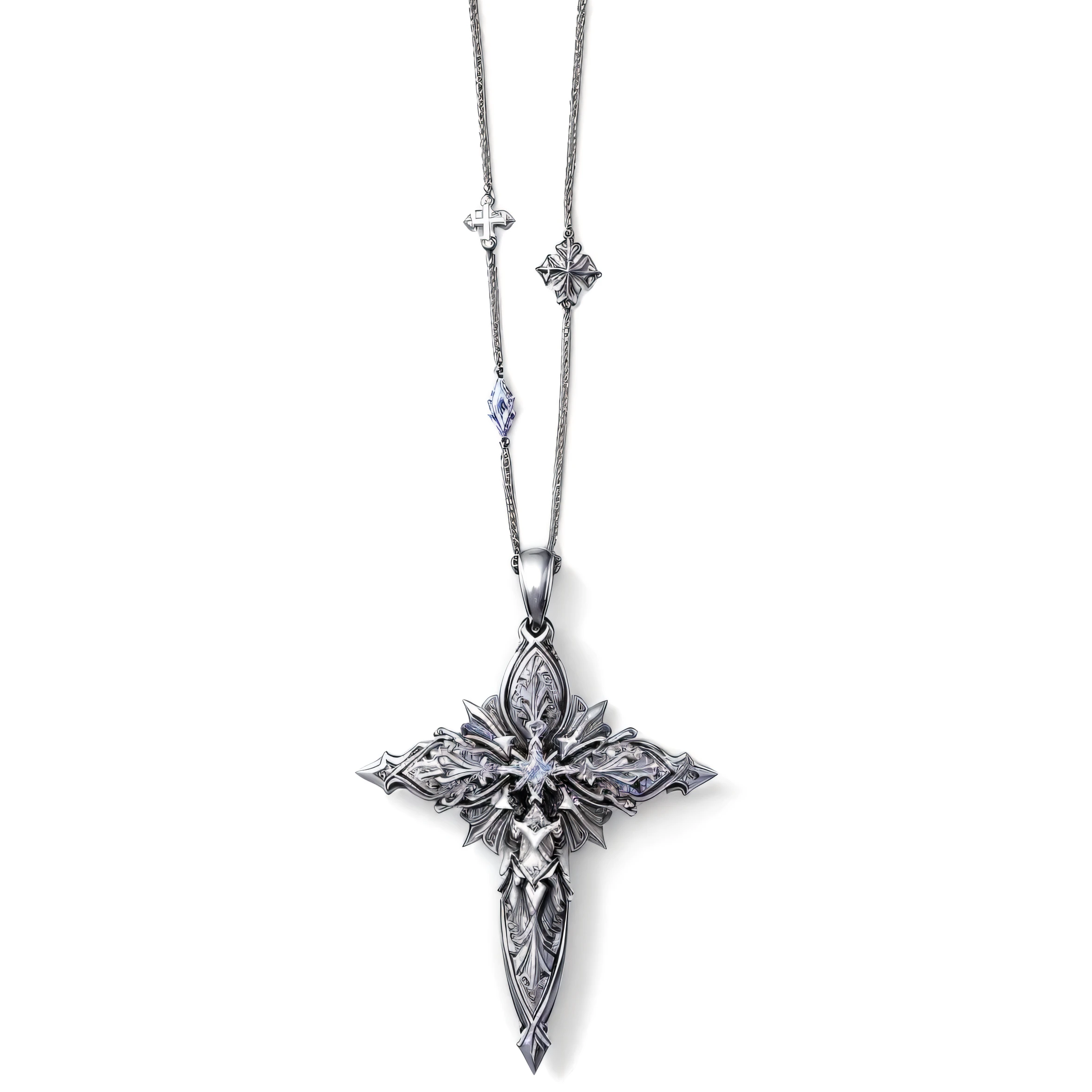 Close up of a cross pendant with a chain on a white background, ankh necklace, 圣cross, enchanting, Fantastic, Vivid details, Ankh pendant, Amazing, Amazing quality, teach, cross, The Minimalists, Crisp details, Epic shock, Top angle view, Powerful details, serene, new, Angelic, VS, gem, Belief, very beautiful