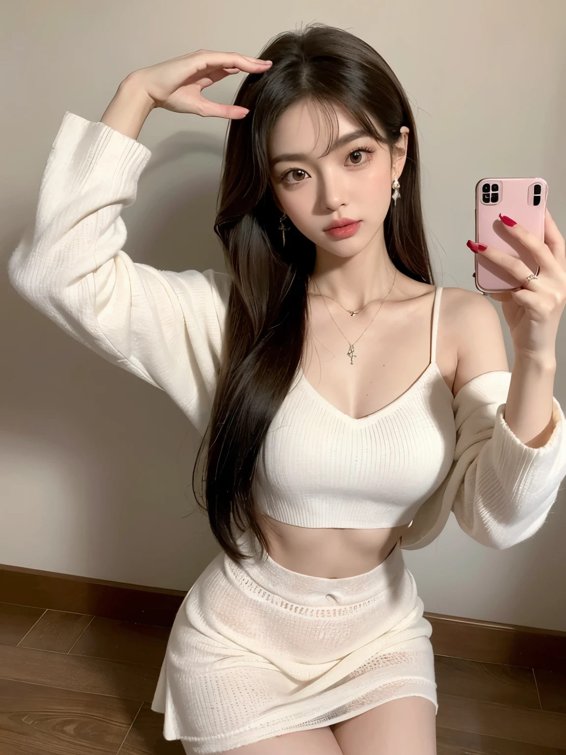 Kim Jennie with white brown hair, con rulos en las puntas, with two bows on each side of the hair, all her hair white brown, with a star clip in her white brown hair, ojos de color claro, ojos bonitos, ojos llorosos, nariz bonita y respingada, nariz lloroso, labios bonitos, labios rosas, heart and cupid shaped lip, piel bonita, pale, piel blanca, con lunares y pecas en todo el rostro, rubor rosa suave en las mejilla, rubor rosa natural, maquillaje suave y rosa, jennie, cuello bonito, cuello marcado, frown, mirada tierna, con un collar de beso, un collar bonito de beso, parecido a Yumeko Jabami, mientras lleva puesto un Crochet YK2, de lana, with a YK2 style brown mini skirt, mientras tiene el abdomen desnudo, delgado, marcado y bonito, (pechos grandes, pechos suaves, pechos bonitos), mientras esta haciendo cospaly del personaje Yumeko Jabami, del anime Kakegurui, mirando a la camara, autofoto, selfie bonita