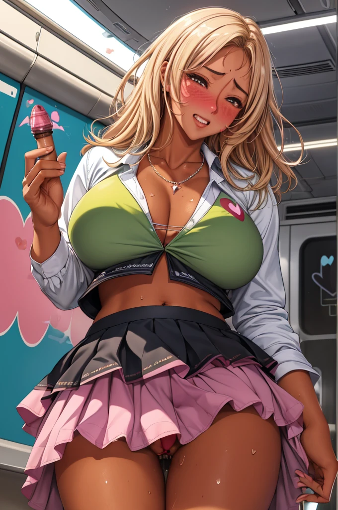 (nsfw),masterpiece,ultra detailed,sharp focus,4k digital art,high resolution,adult gyaru,realistic,realistic skin,(from below,upskirt,),(dildo in pussy:1.2),(lifting own skirt),gigantic breasts,,(aroused and blushed:1.7),(crop top,black short skirt,necklace),(blonde hair,medium straight hair),(sweaty:1.2),(tanned skin:1.5),grinning,(trembling,flying heart-shapes:1.5),drooling,heart pupils,standing in train,skirt lifted,(pubic hair)